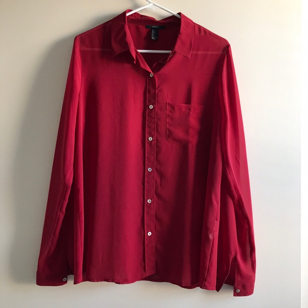 Forever 21 Red Sheer Button Up Long Sleeve Blouse